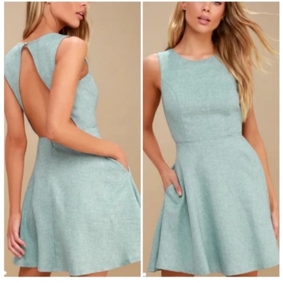 Lulu's Winsome Backless Skater Mini Dress Mint Blue Pockets Fit & Flare Medium - Picture 1 of 15